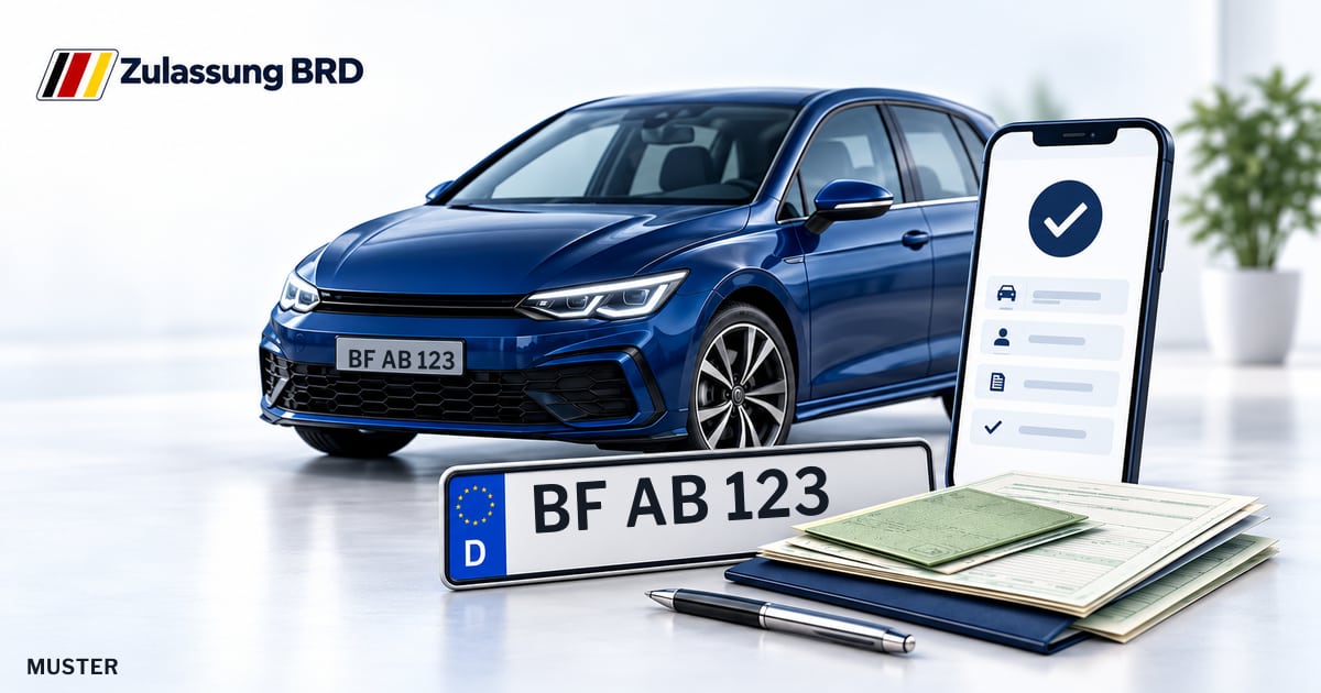 Online Fahrzeugzulassung in Ibbenbüren: Musterkennzeichen BF AB 123, Auto und Fahrzeugpapiere und Smartphone. Illustration mit Logo von Zulassung BRD.